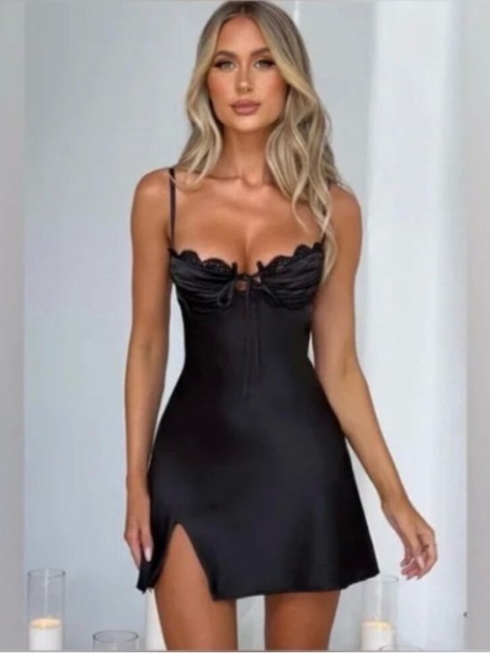 Babyboo Fashion Dresses & Skirts - Babyboo Black Satin Slip Dress with Lace Bust